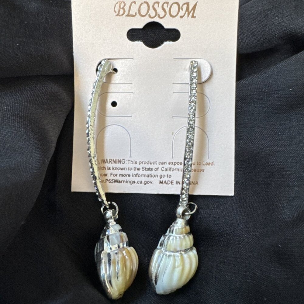 Blossom 2 3/4" Long Shell Rhinestone Silver Earrings Summer Bling NEW
